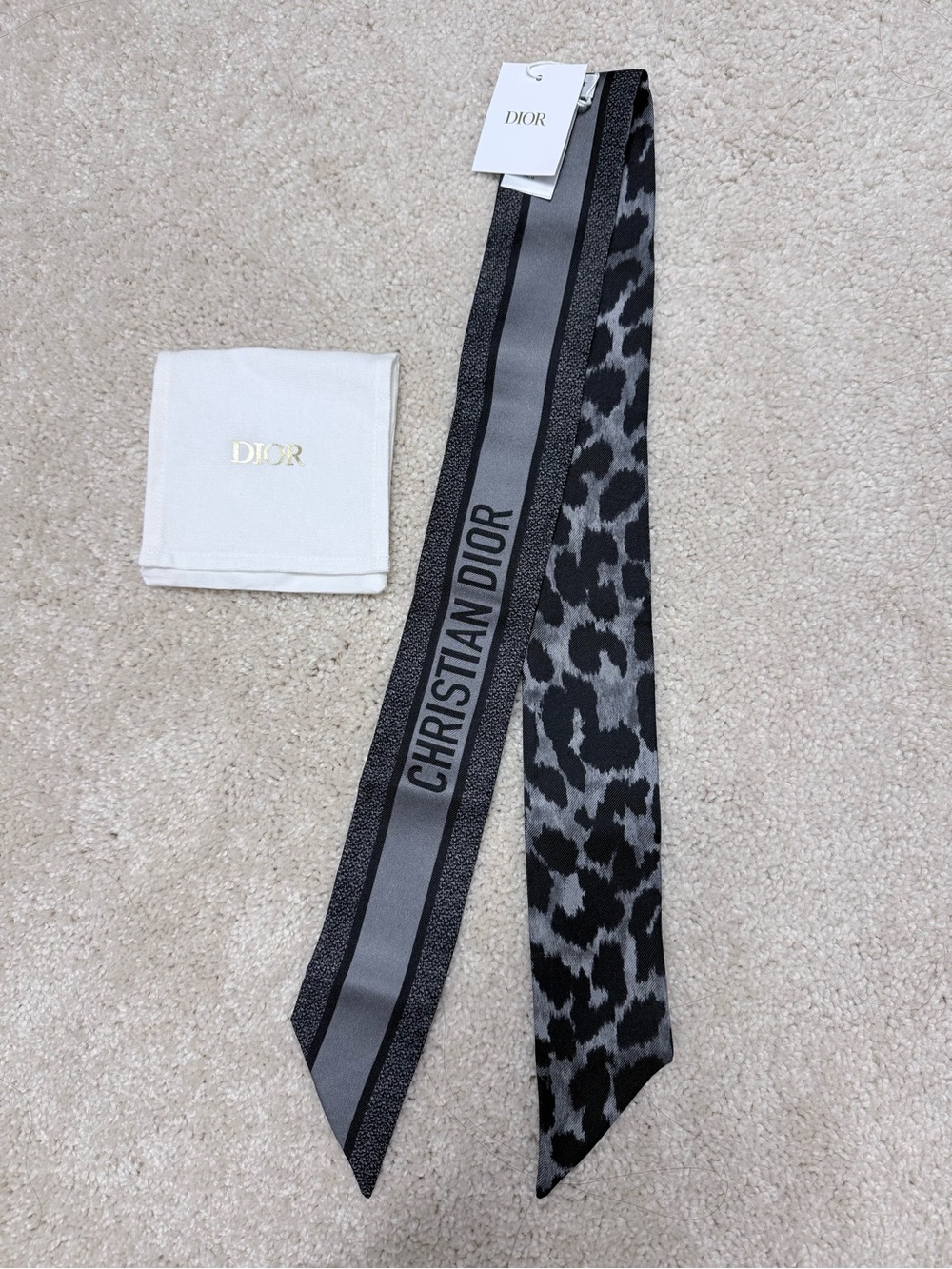 Dior Gray and Black Leopard Silk Twilly with Logo Stripe